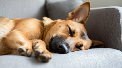 A sleeping dog curled up comfortably on a gray couch.