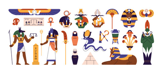 Items of ancient Egypt culture set. History monuments, old Egyptian gods and goddesses: Anubis, Sobek, Sekhmet, Sphinx. Elements of African mythology. Flat isolated vector illustrations on white