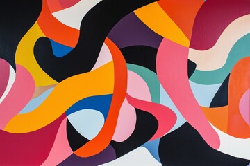 This vibrant abstract artwork features fluid shapes and bold colors, creating a dynamic visual experience that highlights the interplay of creativity and energy.