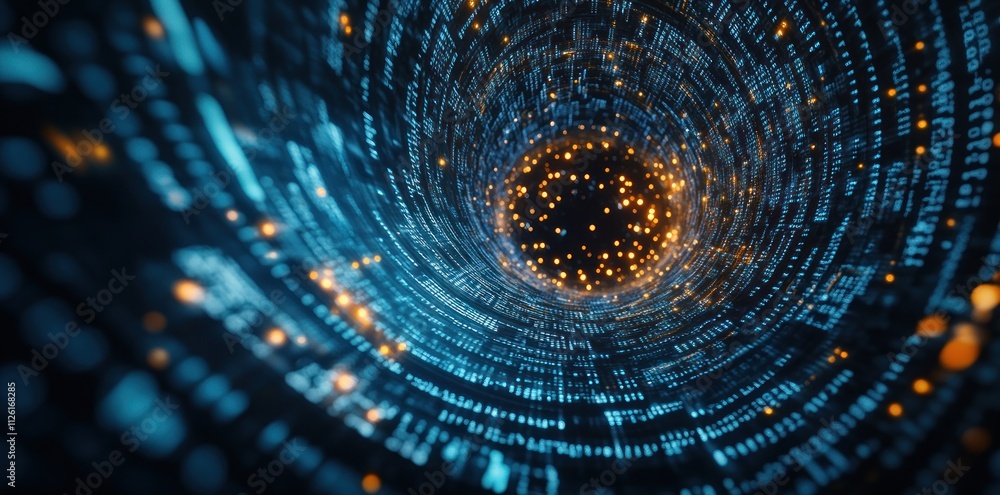 Poster a digital vortex of blue and orange particles, symbolizing data flow and technology.