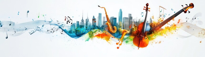 A vibrant graphic blending music elements with a city skyline.