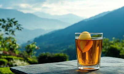 A refreshing drink served in a glass, set against a scenic mountain backdrop.