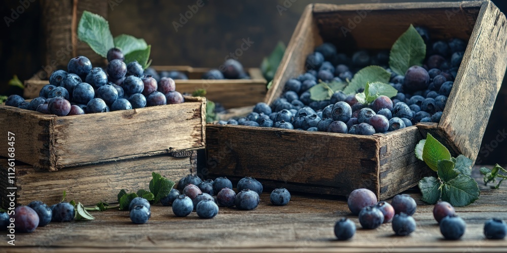 Poster a rustic display of fresh blueberries in wooden crates and scattered on a table.