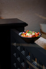 Tasty and juicy salads with sauces