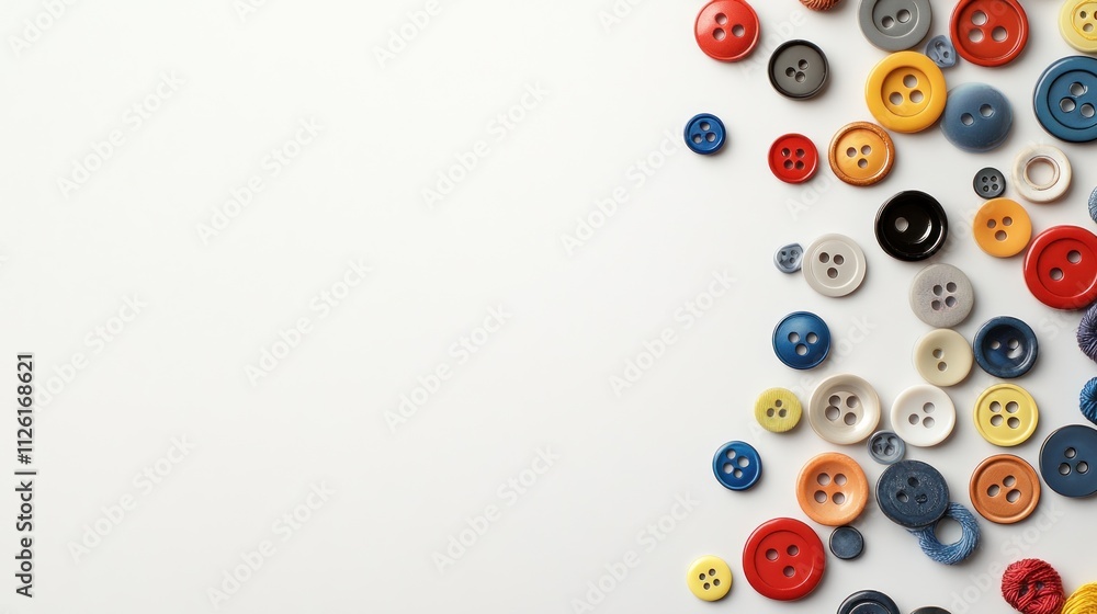 Poster a collection of colorful buttons arranged on a white background.