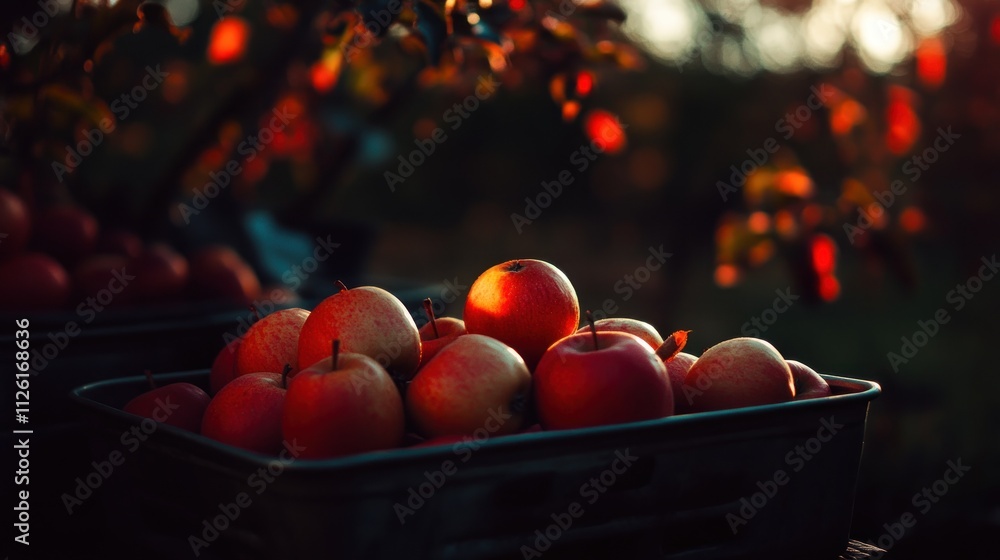 Poster a basket of red apples illuminated by soft light in an orchard setting.