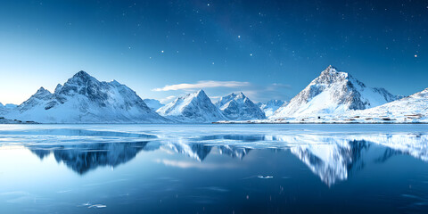 Fototapeta premium Magnificent mountains and very beautiful and quiet lake against the background of the starry sky in winter. Polar, snow, mountain, lake, commercial, advertising, outdoor, wallpaper, background