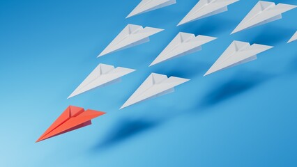 Different business concept.new ideas. paper art style.Leaderplane concept with red paper plane leading among white planes.3D rendering on blue background.