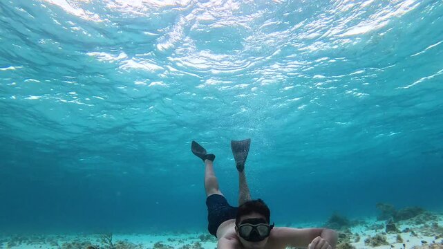 Tourist wearing diving mask and fins exploring underwater flora and fauna in the crystal-clear waters of the caribbean sea, cayman islands
