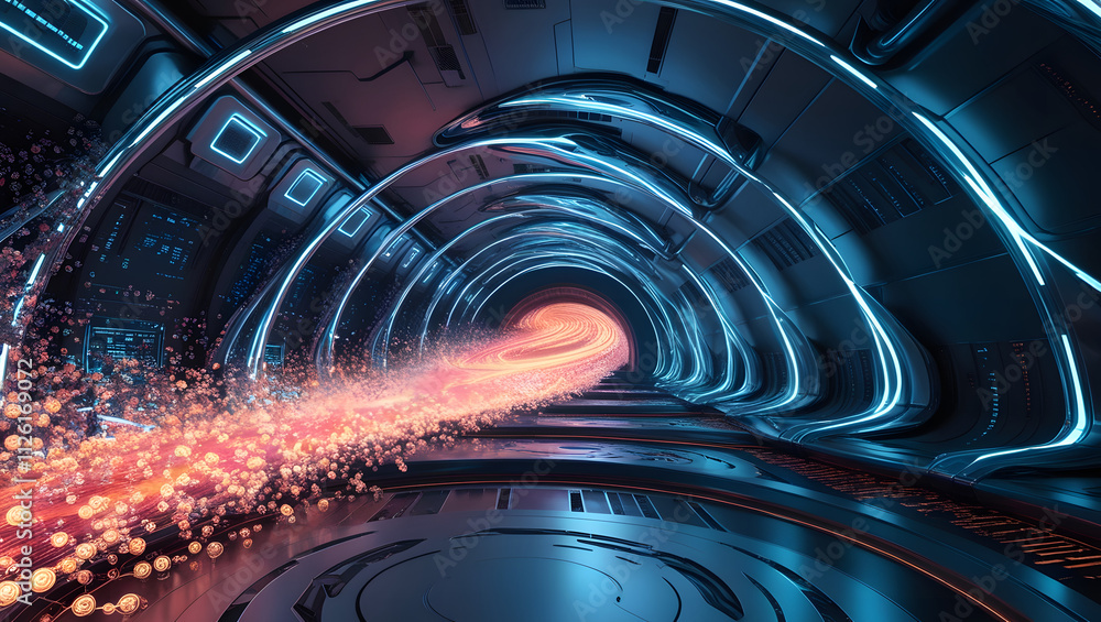 Poster digital flow: a mesmerizing journey through a futuristic tunnel, awash in vibrant blue and orange li