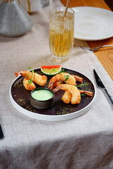 Delicious and juicy seafood with sauces