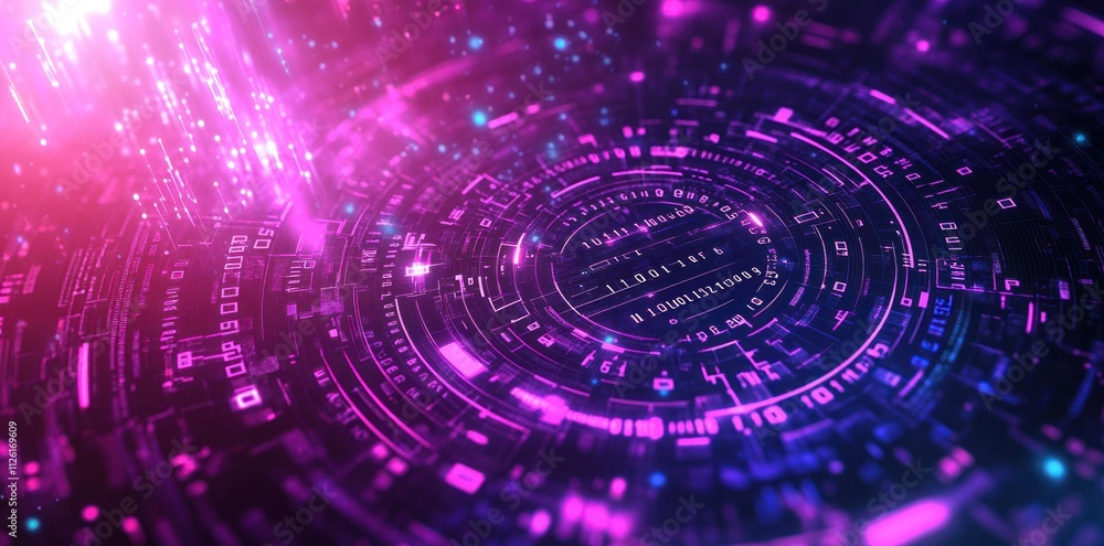 Poster abstract digital design featuring vibrant colors and circular patterns, symbolizing technology.