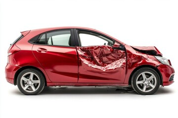 red car hatchback with a dent after an accident , isolated on white background,  , copy space, copy space for text,
