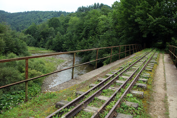 Unused, forgotten narrow-gauge railway tracks and railway bridge in former, abandoned village - Duszatyn in Bieszczady mountain range, Poland
