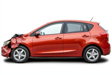 red car hatchback with a dent after an accident , isolated on white background,  , copy space, copy space for text,