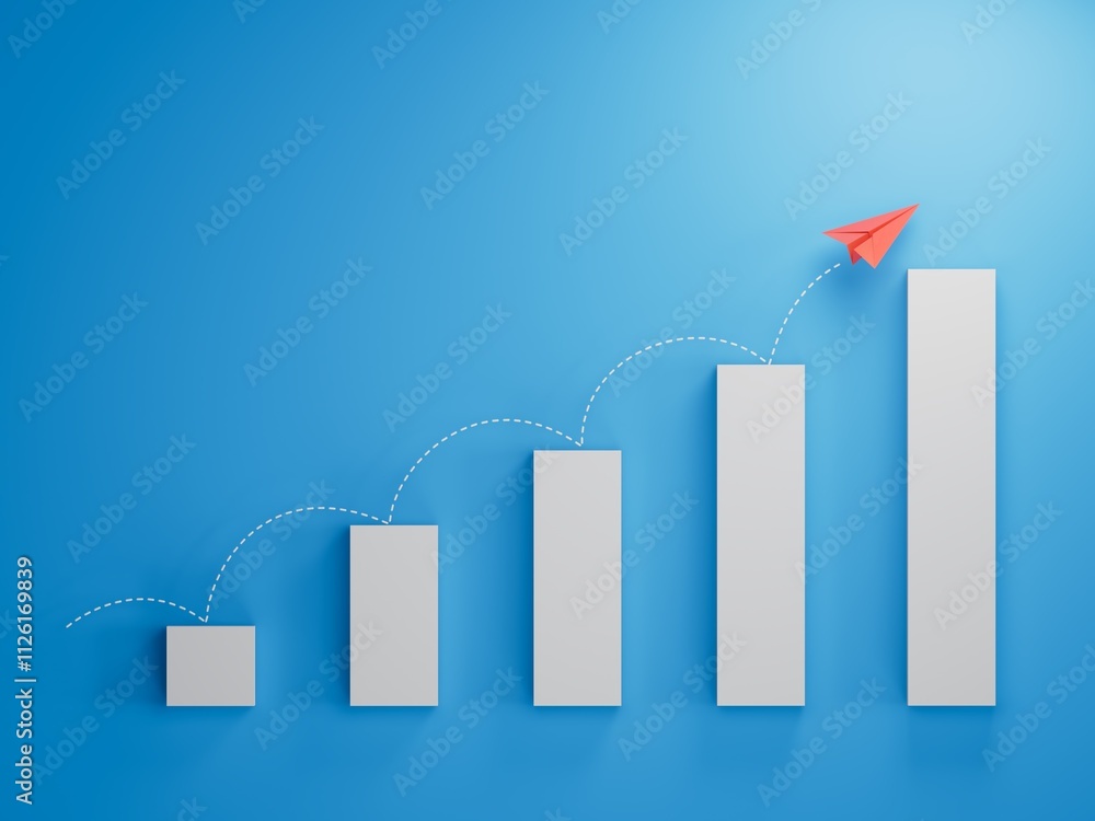 Poster paper plane sailing on growing graph to red flag.paper art style of business success creative concep