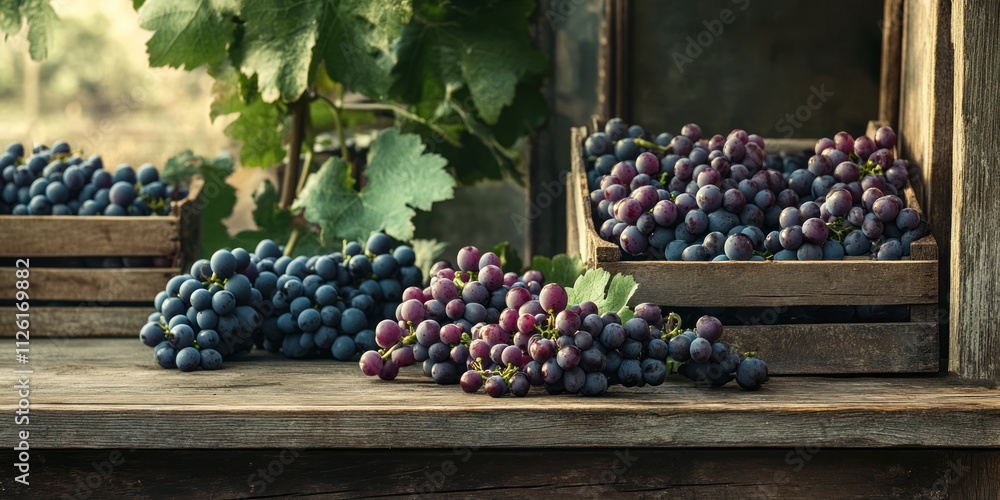 Poster A rustic display of fresh grapes in wooden crates on a table, showcasing natural produce.