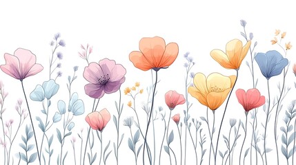 A single line drawing of various flowers in paste pattern background
