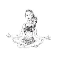 Girl in lotus position. Drawing with black dots using pointillism technique. Vector illustration