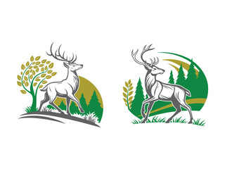 deer-logo-with-green-concept. Deer head Design Element in Vintage Style for Logotype, labels, Badges, T-shirts and other designs. Retro illustration.