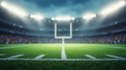 Fototapeta premium Green football field with yard lines and goalposts in a large stadium under bright floodlights, ready for a game