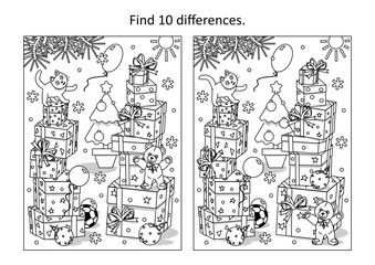 Difference game with plenty of presents, cat and teddy bear. Christmas, New Year, winter holidays. Coloring page.
