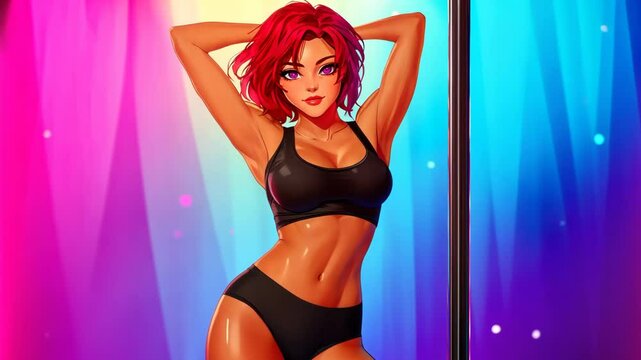 Attractive redhead dancer posing near pole on stage