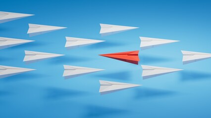 Differentiation concept with paper planes.new ideas. paper art style. creative idea.3D rendering on blue background.