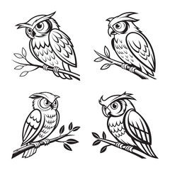 owl black and white vector illustration. wild owl stock illustrations set