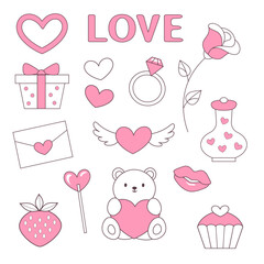 Valentine's Day pink and white icon set, cute bear, sweets, gifts and heart shapes, vector illustrations, stickers, decorative design elements