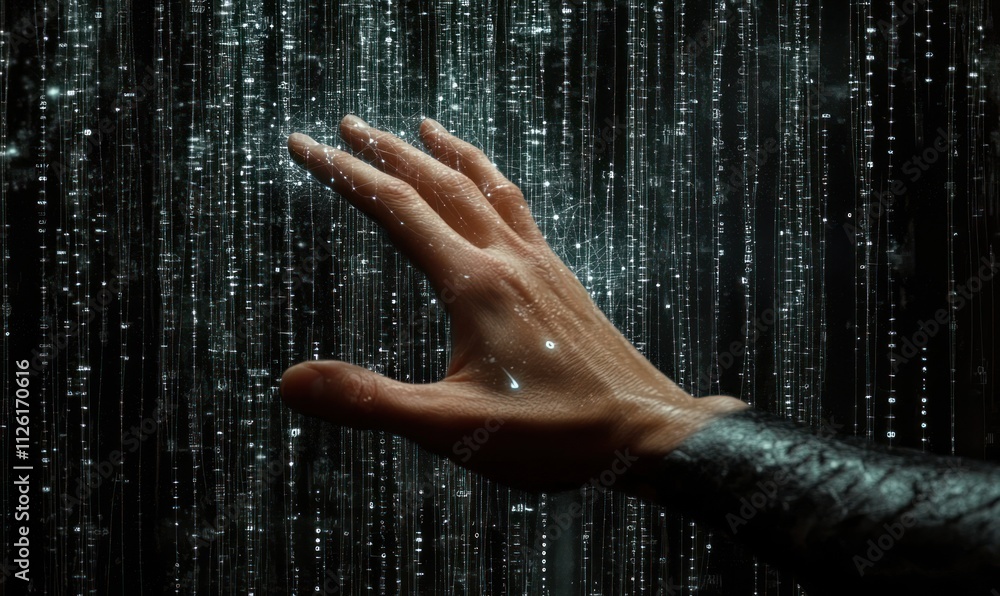 Aufkleber a hand reaching out towards a cascade of digital particles, symbolizing interaction with technology.