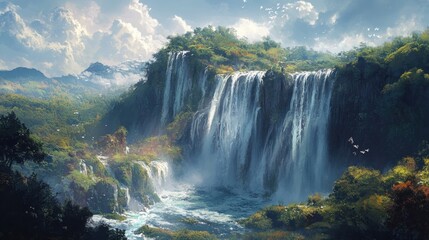 Naklejka premium Majestic Waterfall in Lush Paradise