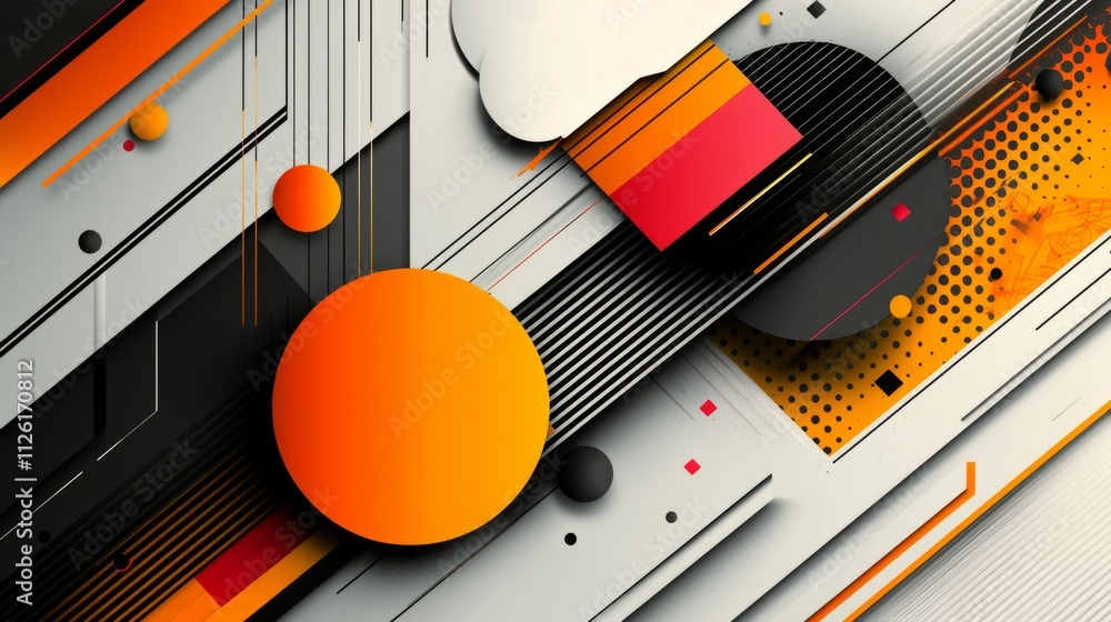 Poster Bright circles and bold lines converge in a dynamic arrangement, evoking a sense of movement and energy. The interplay of orange, black, and white creates a striking visual experience