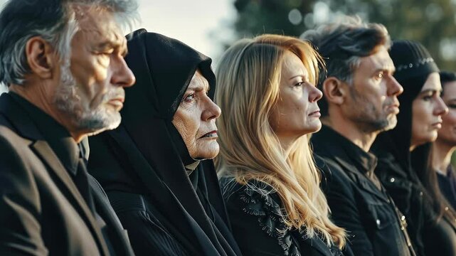 video of grieving people in black clothes at a Christian funeral, cemetery, burial