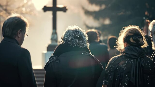 video of grieving people in black clothes at a Christian funeral, cemetery, burial