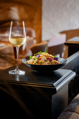 Tasty and juicy salads with sauces