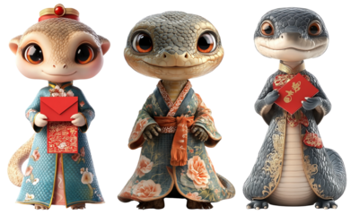 Chinese lunar new year cute snake wearing cheongsam qipao dress isolated on transparent background