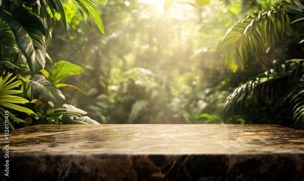 Poster a serene forest scene with a stone surface illuminated by soft sunlight.