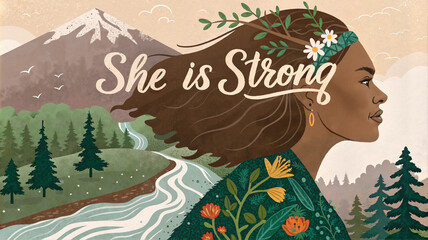 Feminist She is Strong illustration with mountain scenery
