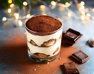 Classic tiramisu in a glass, decorated with cocoa powder and chocolate shavings for the New Year celebration
