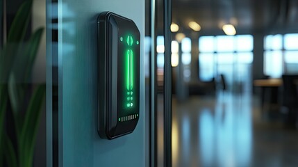 A card reader with a glowing green light mounted on a frosted glass entrance gate in an office