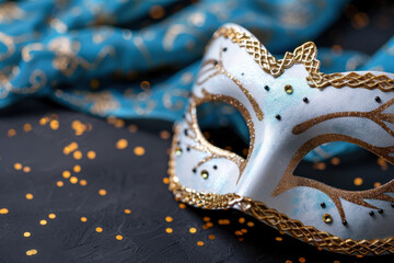 An elegant white Venetian mask with gold accents, set against luxurious blue fabric and scattered golden confetti, creating a sophisticated look.
