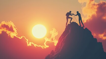 Two Climbers Reaching the Summit at Sunset