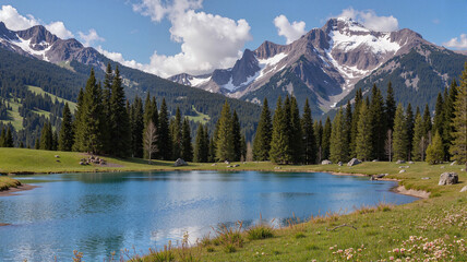 Mountain lake surrounded by forest and peaks