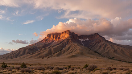 Sunset over majestic rocky mountain peak