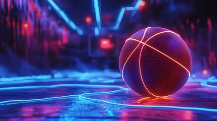 Neon Glowing Basketball in Futuristic Court