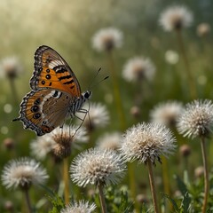 Obraz premium A butterfly resting on a delicate dandelion puff in a quiet field.