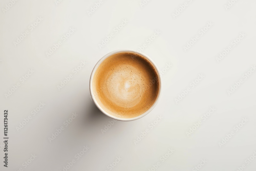Poster a top view of a cup of coffee with frothy surface on a minimalistic background.