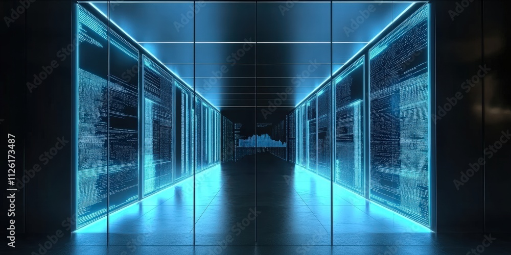 Poster 3d glowing led blue color of business information data on high tech glass panel. concept for financi