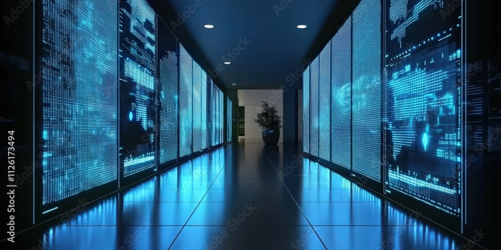 Poster 3d glowing led blue color of business information data on high tech glass panel. concept for financi